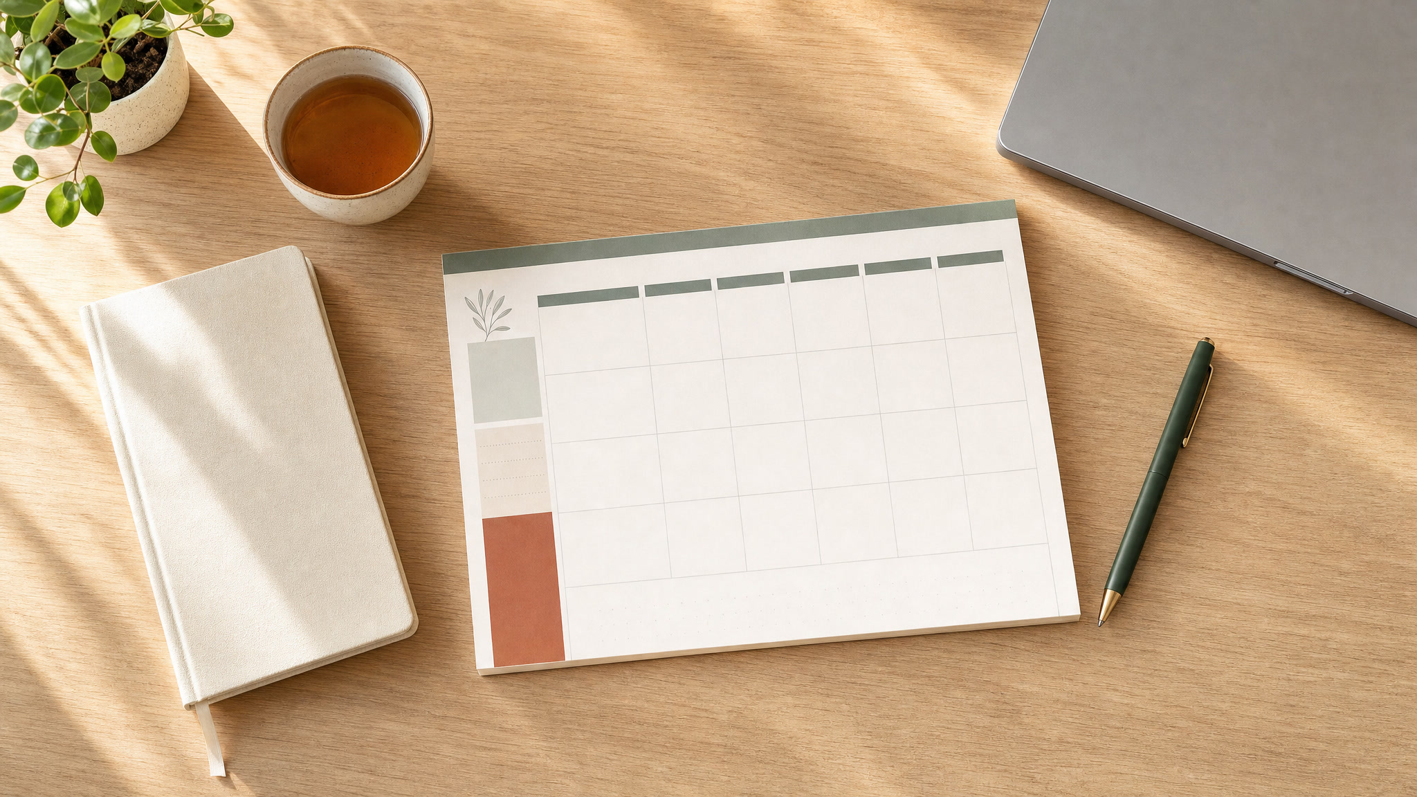 Weekly planner, notebook, tea, and laptop arranged on a sunlit desk
