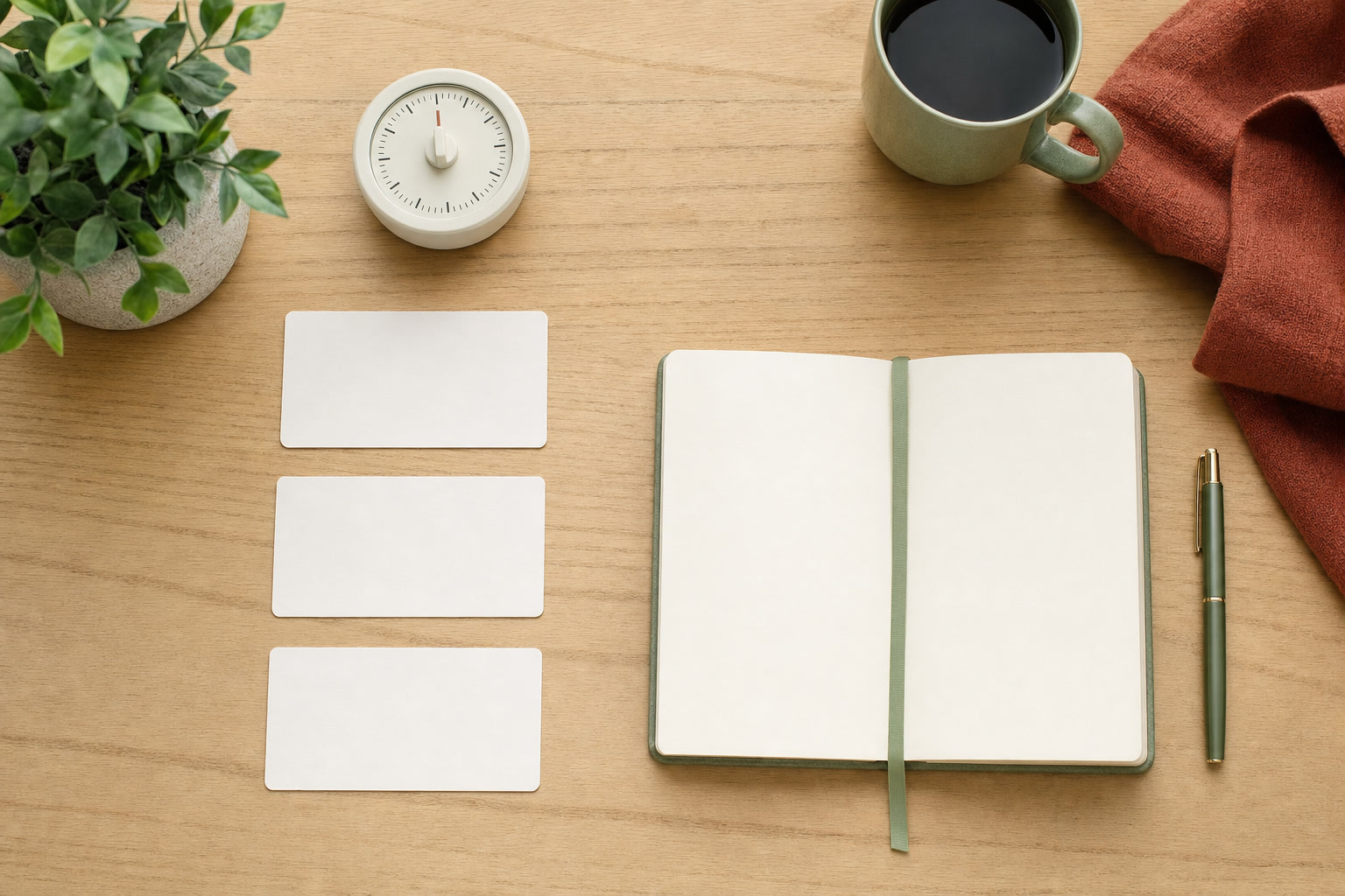 Blank priority cards, timer, open notebook, and pen arranged for a focused planning session
