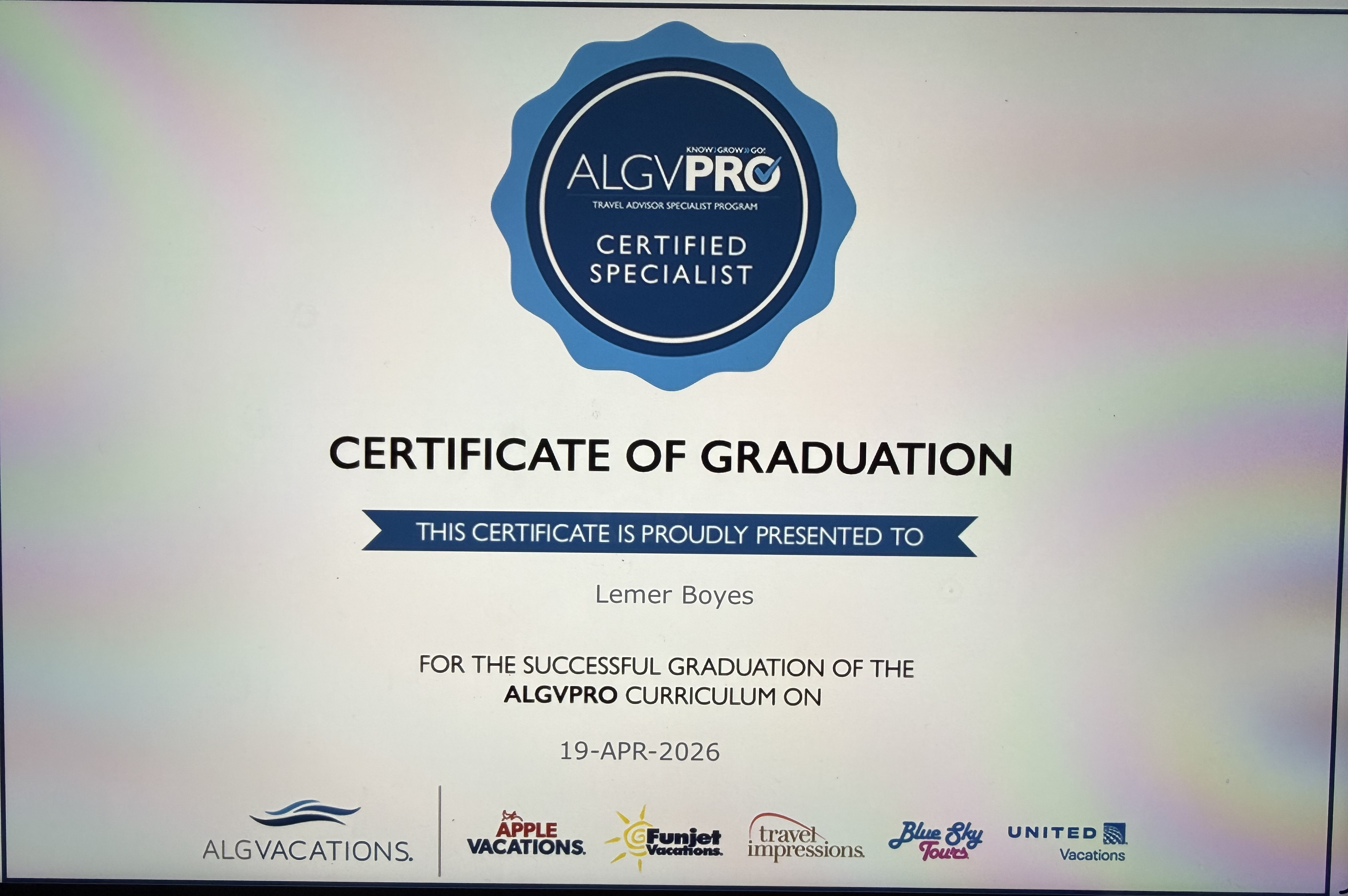 ALGVPro Certified Travel Advisor Specialist certificate