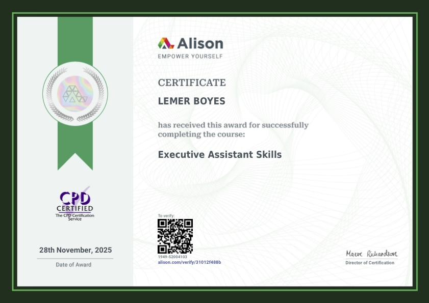 Executive Assistant Skills certificate