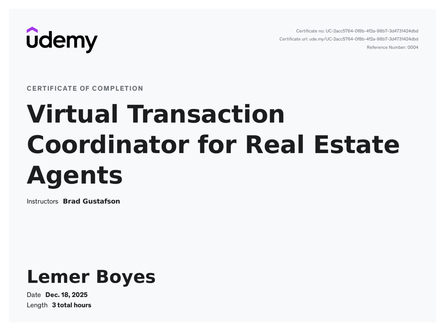 Virtual Transaction Coordinator for Real Estate Agents certificate