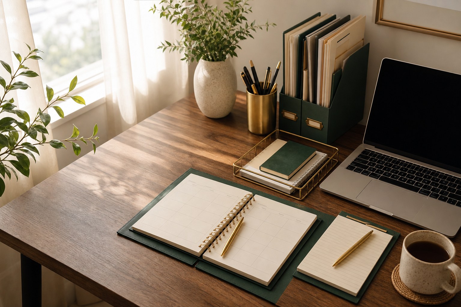 Organized home office desk with a planner, laptop, folders, and task notebook