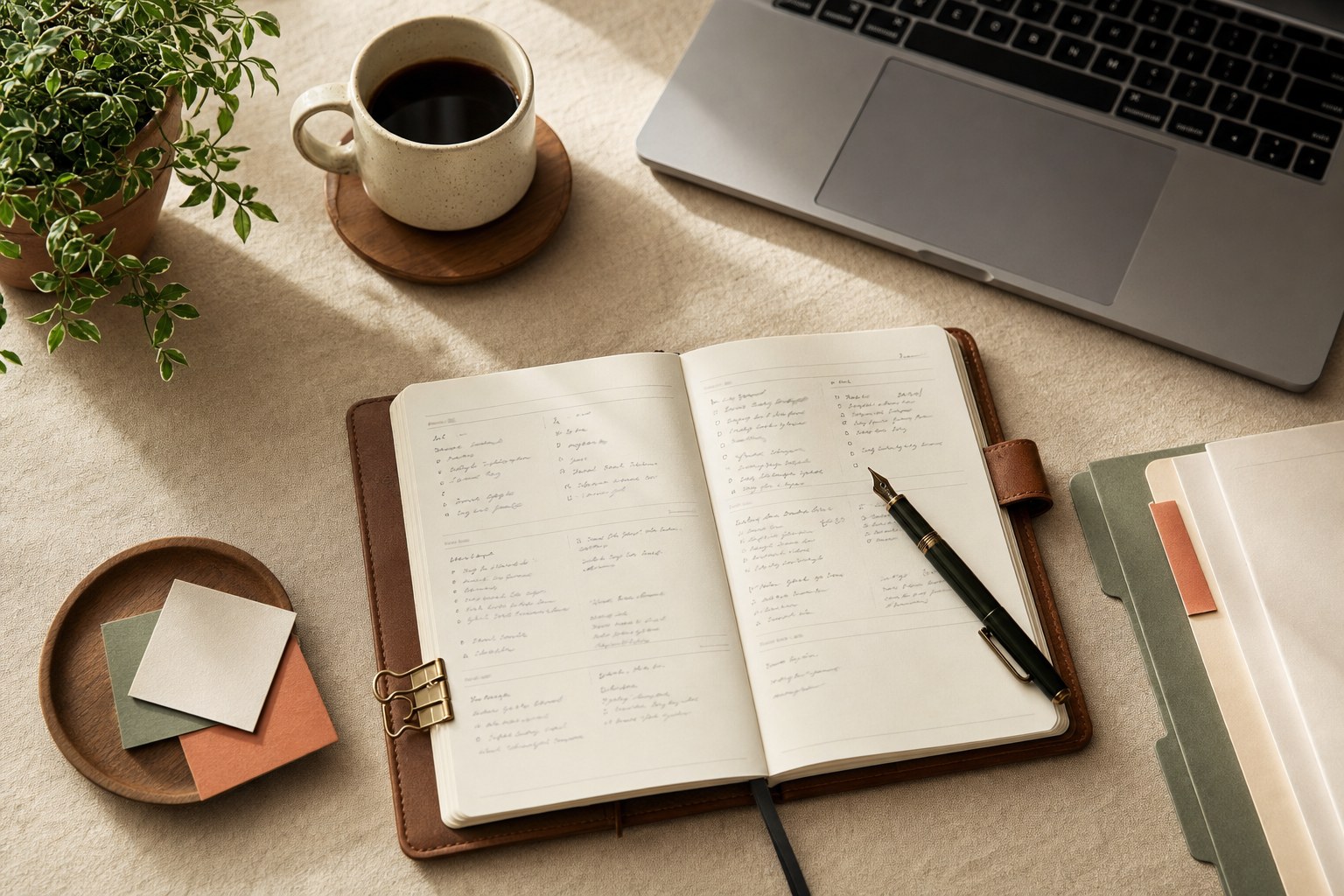 An organized planner, laptop, coffee, and paper files on a desk