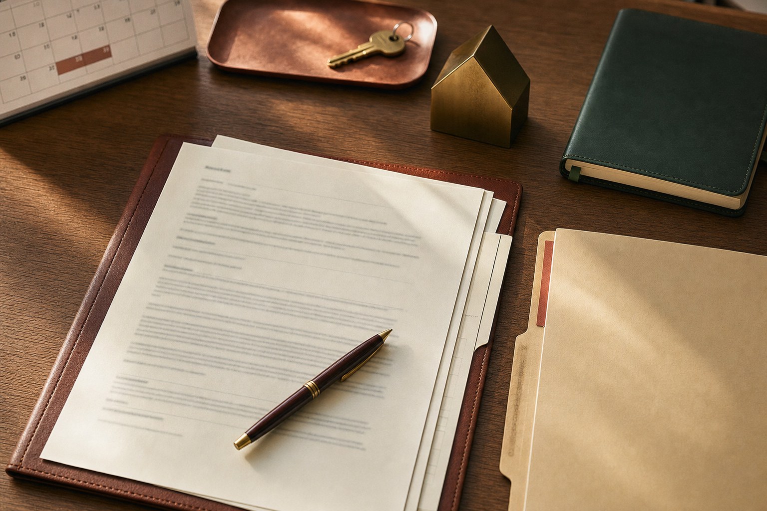 A real estate transaction workspace with contract pages, calendar, key, and folders