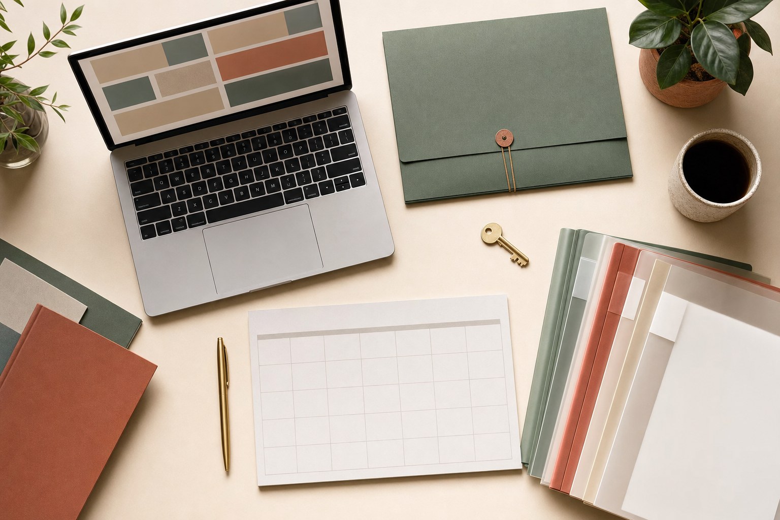Real estate transaction coordination workspace with folders, calendar, laptop, and key