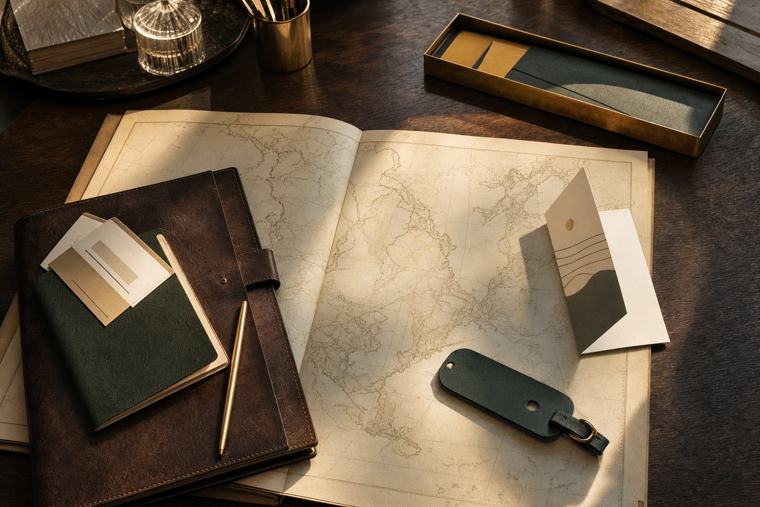 A travel planning desk with map, leather folio, itinerary cards, and luggage tag