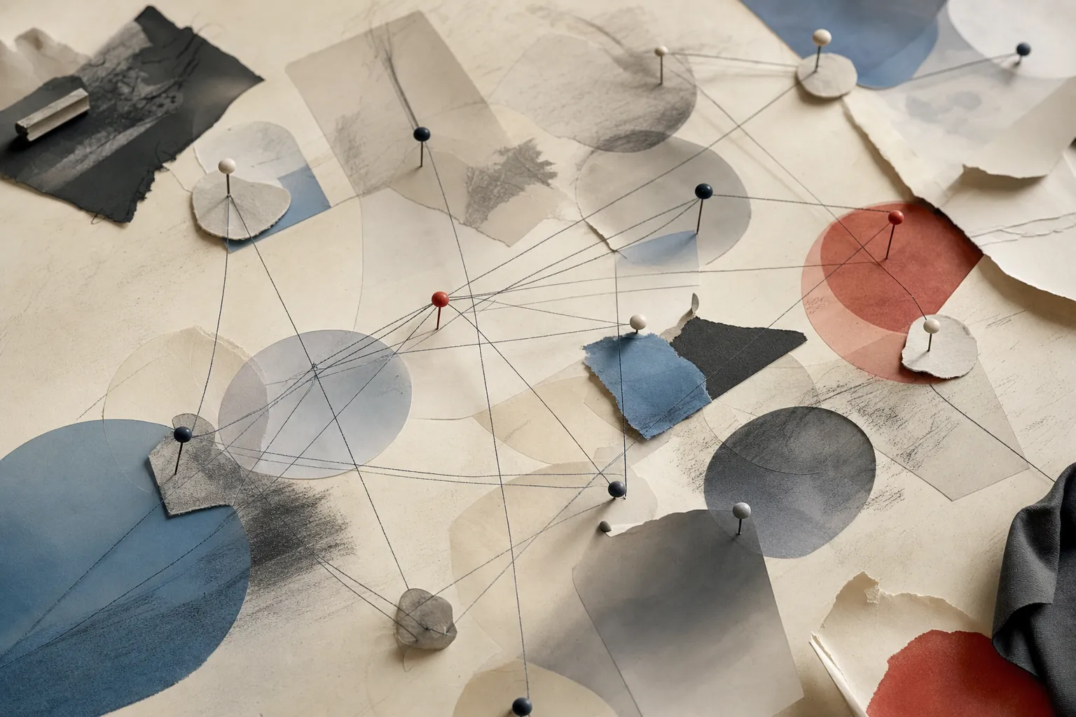 An abstract audience map made from pins, paper and connected lines