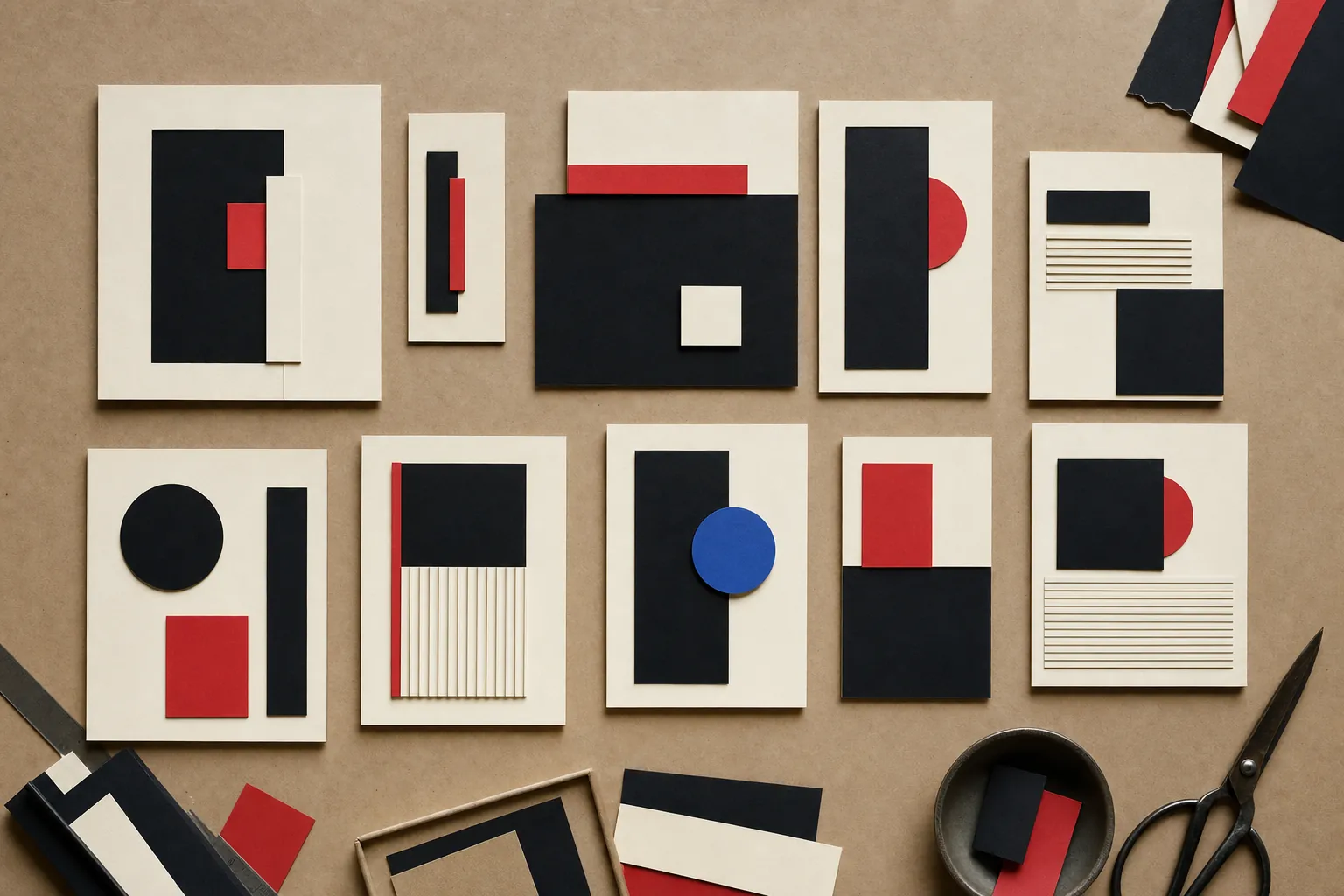 A modular paper campaign system with repeated black, cream, red and blue shapes