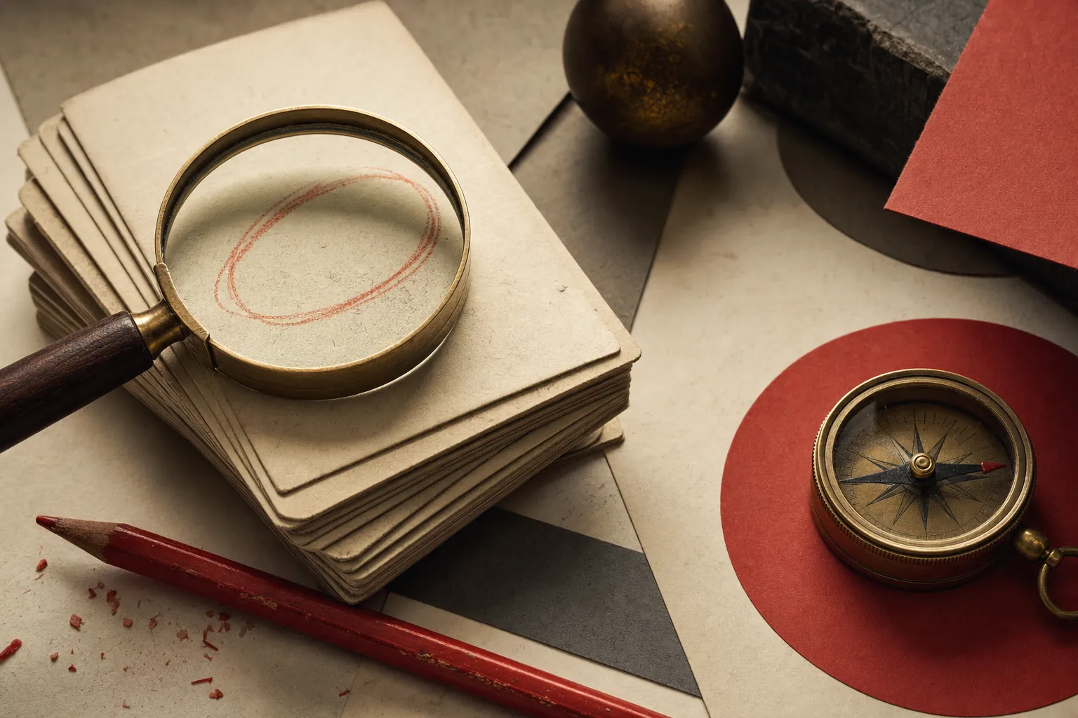 A magnifying glass and compass on an editorial paper desk