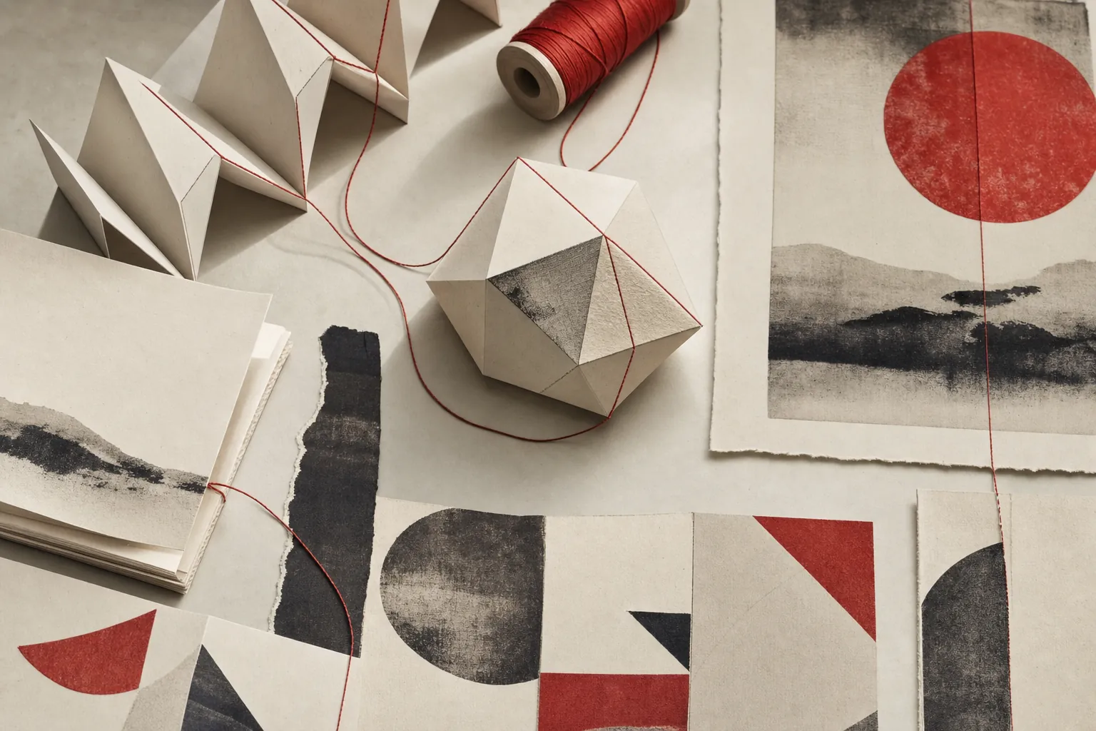 Coordinated paper forms connected by a red thread