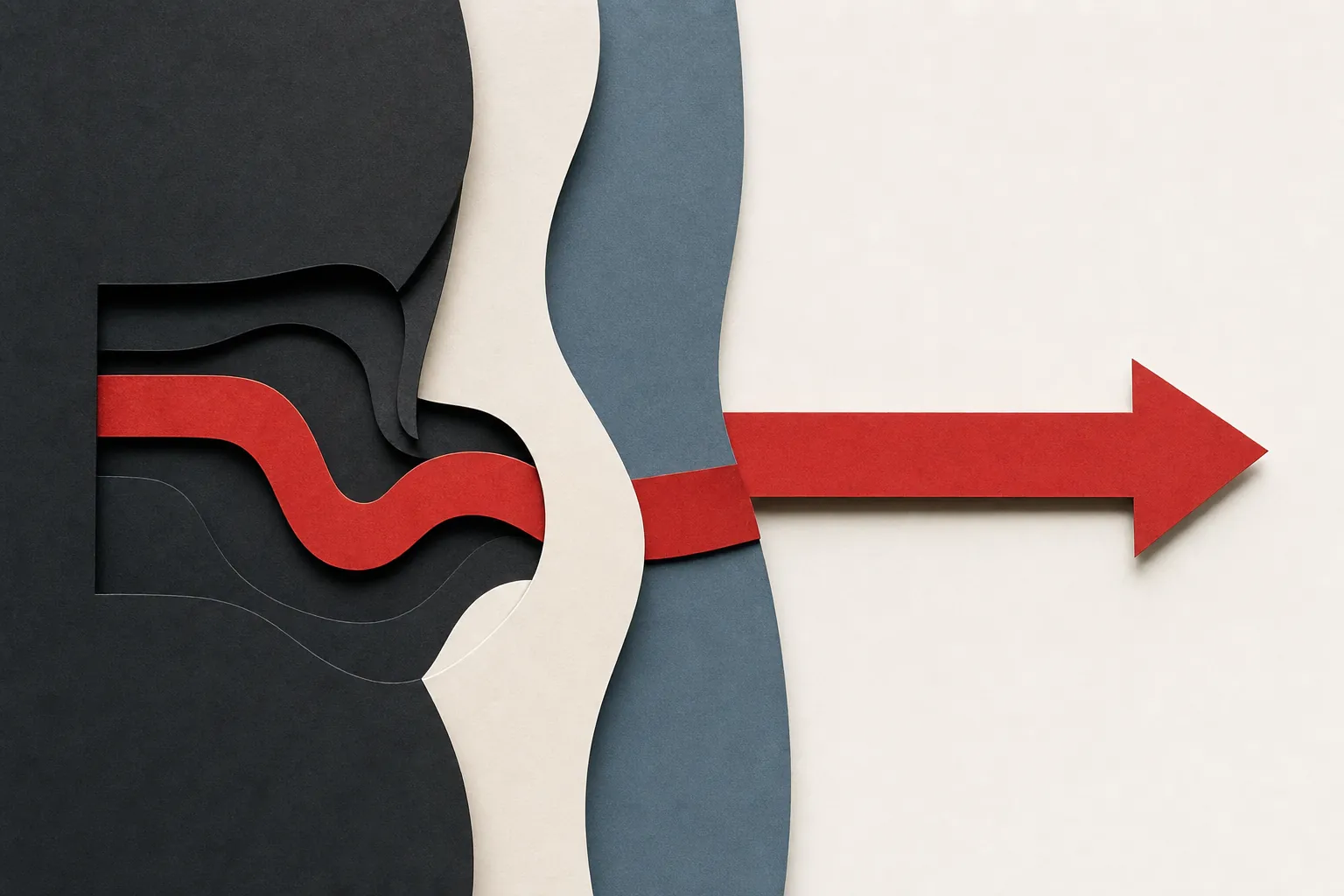 A red paper signal moving through black, cream and blue panels into one clear direction