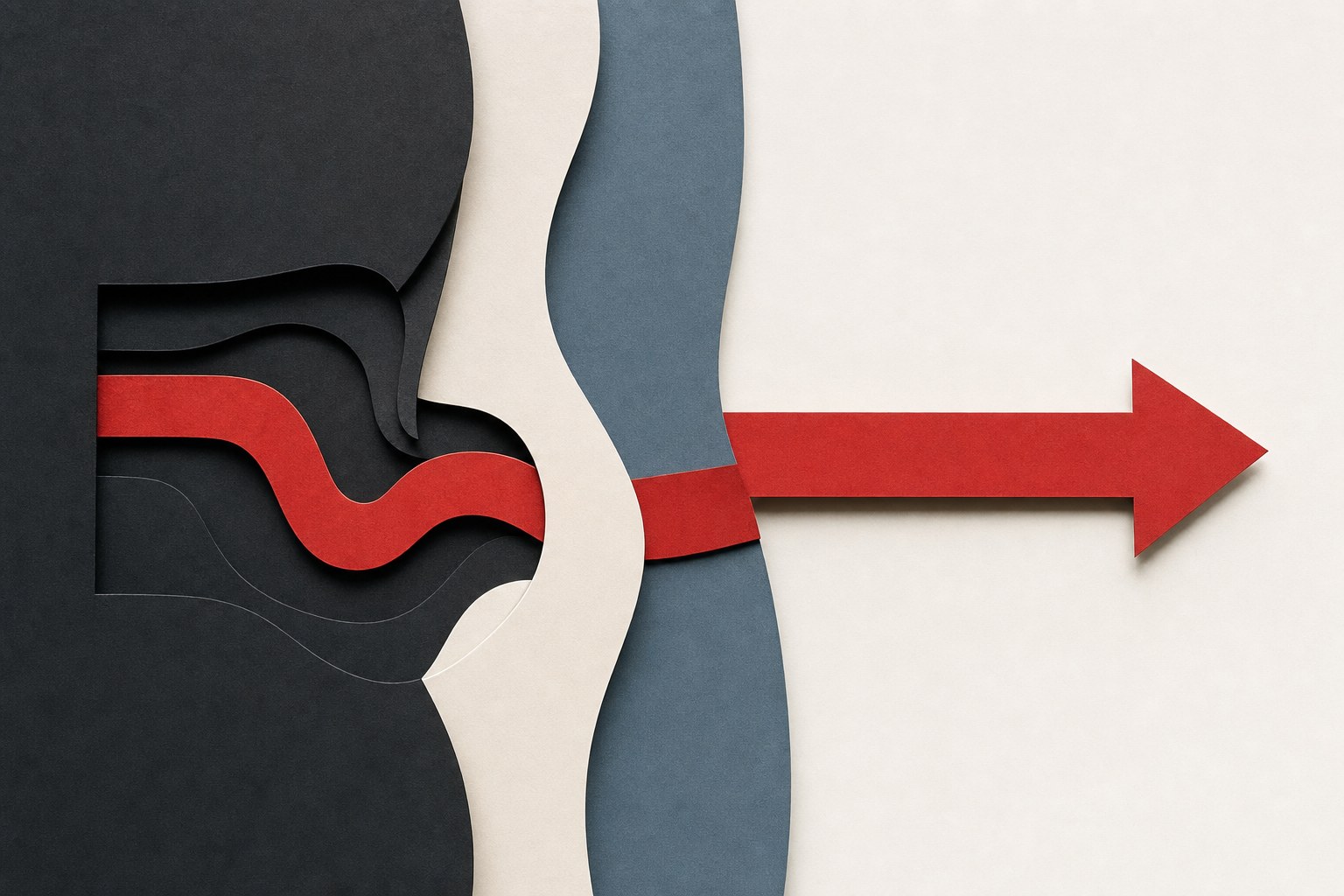 A red paper signal moving through black, cream and blue panels into one clear direction