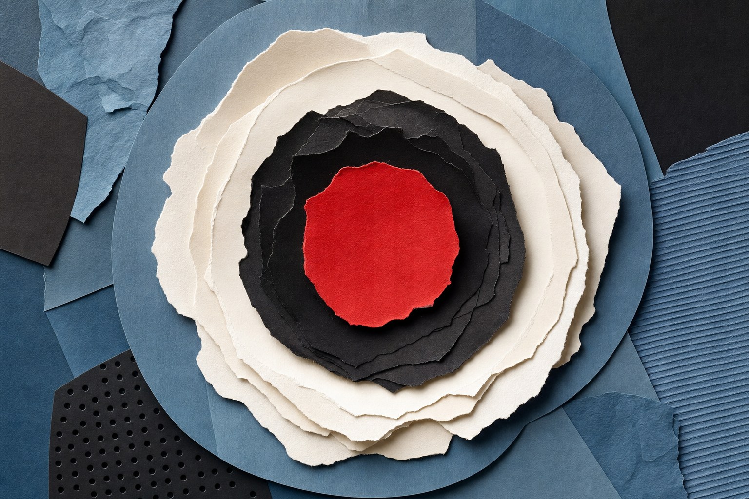 A red center surrounded by layered black, cream and blue paper rings