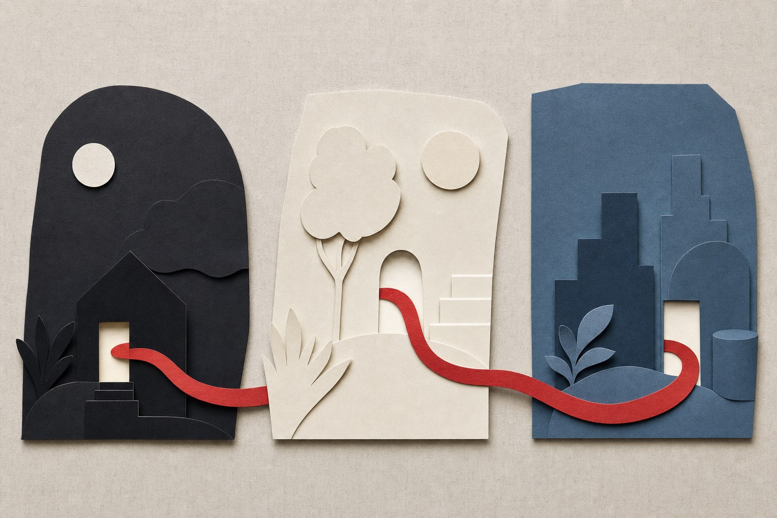 A continuous red paper line linking three distinct black, cream and blue customer scenes