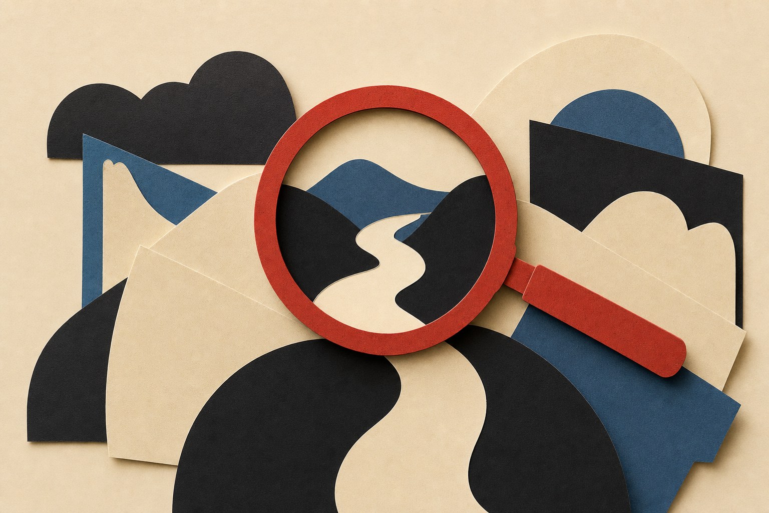 A red paper lens revealing a clear path through layered black, cream and blue shapes