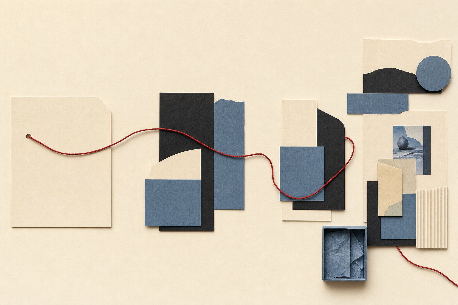 A red thread connecting layered black, cream and blue editorial paper forms