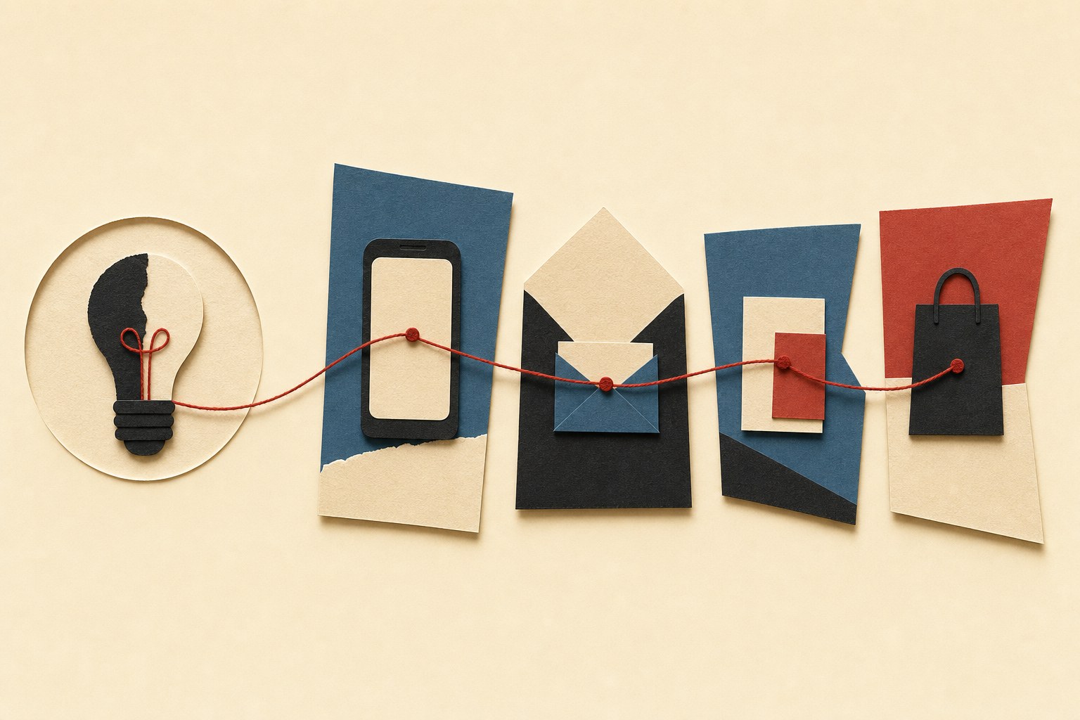 A red thread connecting four paper customer touchpoints: an idea, phone, message and retail bag