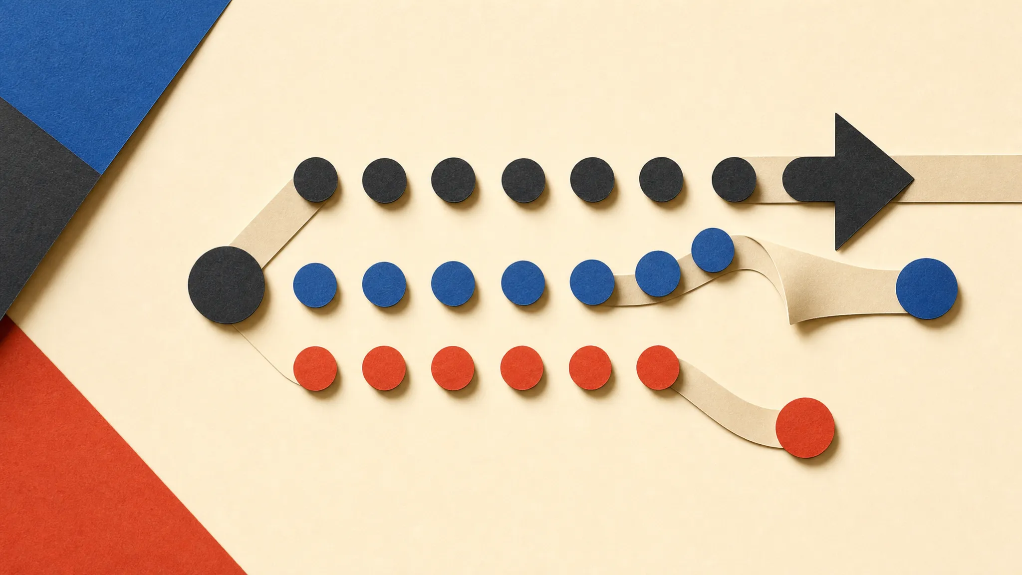A paper decision map with black, blue and red paths moving in different directions