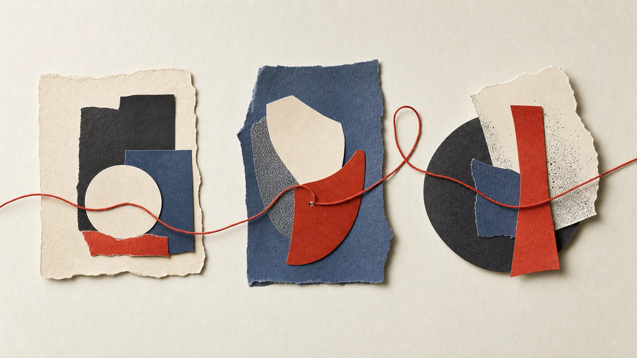 Three distinct paper compositions connected by a single red thread