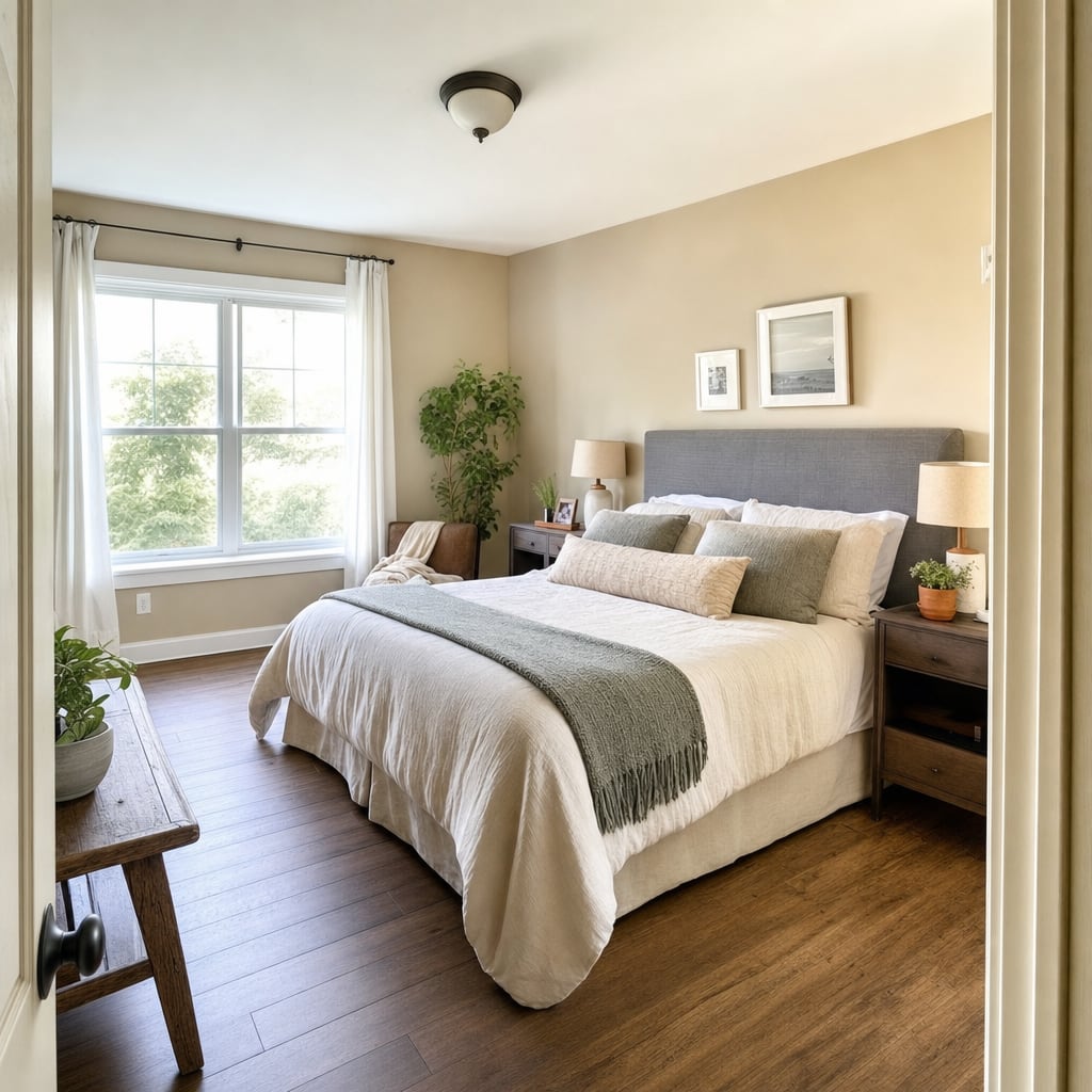 A calm bedroom with clear surfaces and visible floor space