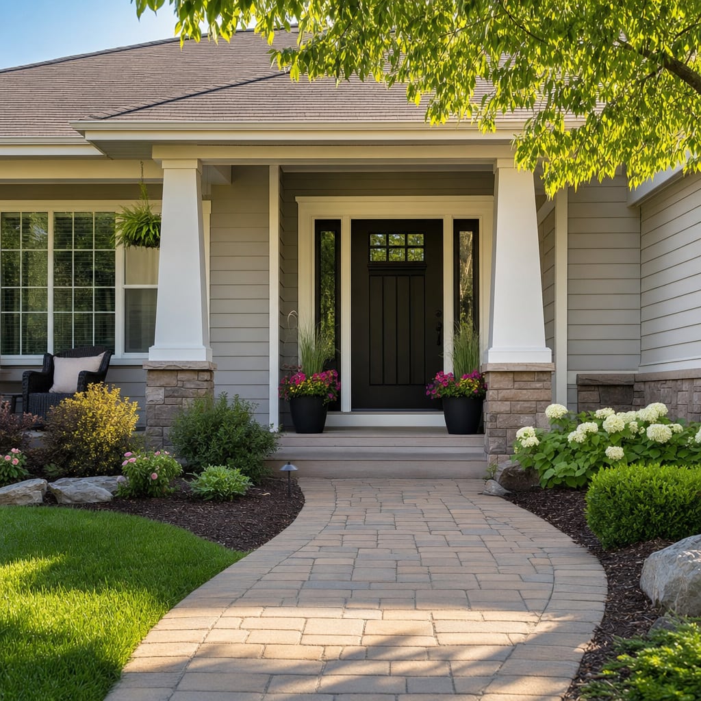 A tidy front entry with a clear path and fresh planters