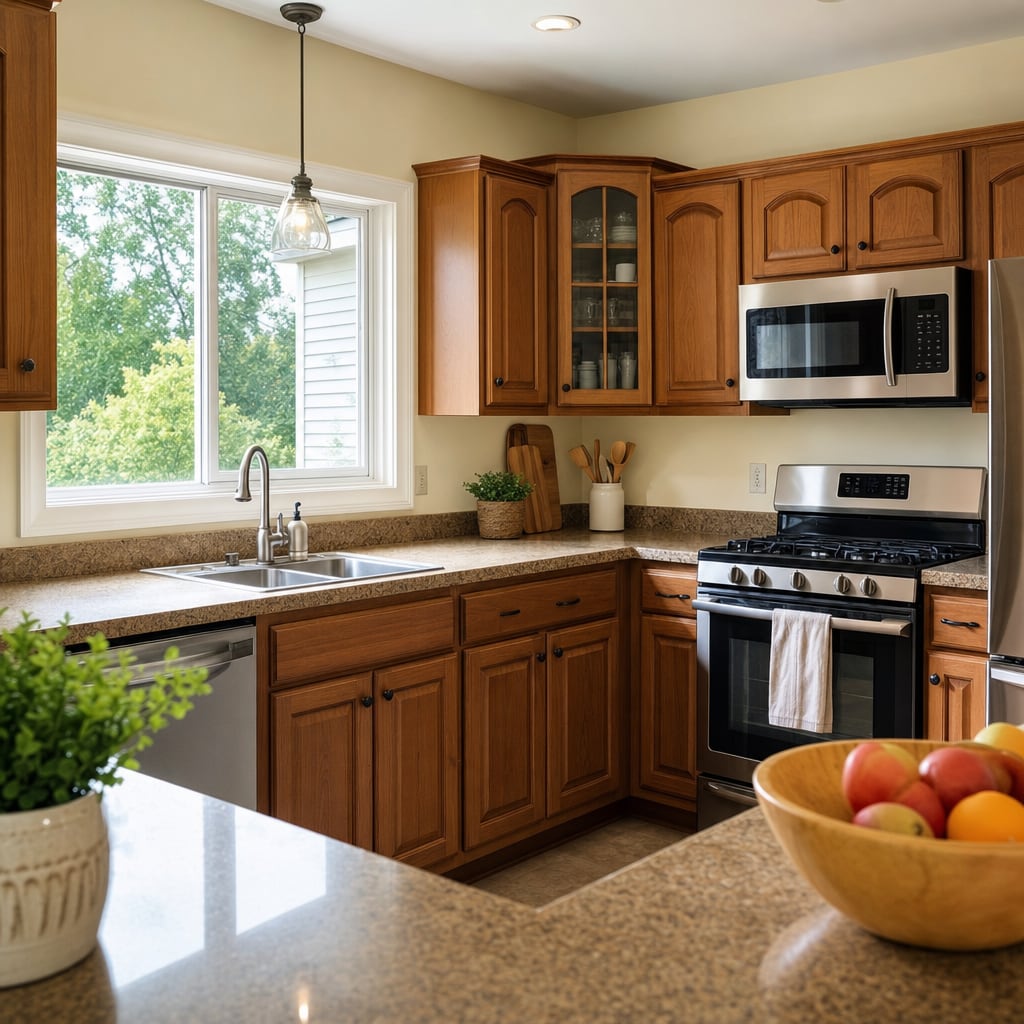 A clean, lived-in kitchen with clear counters