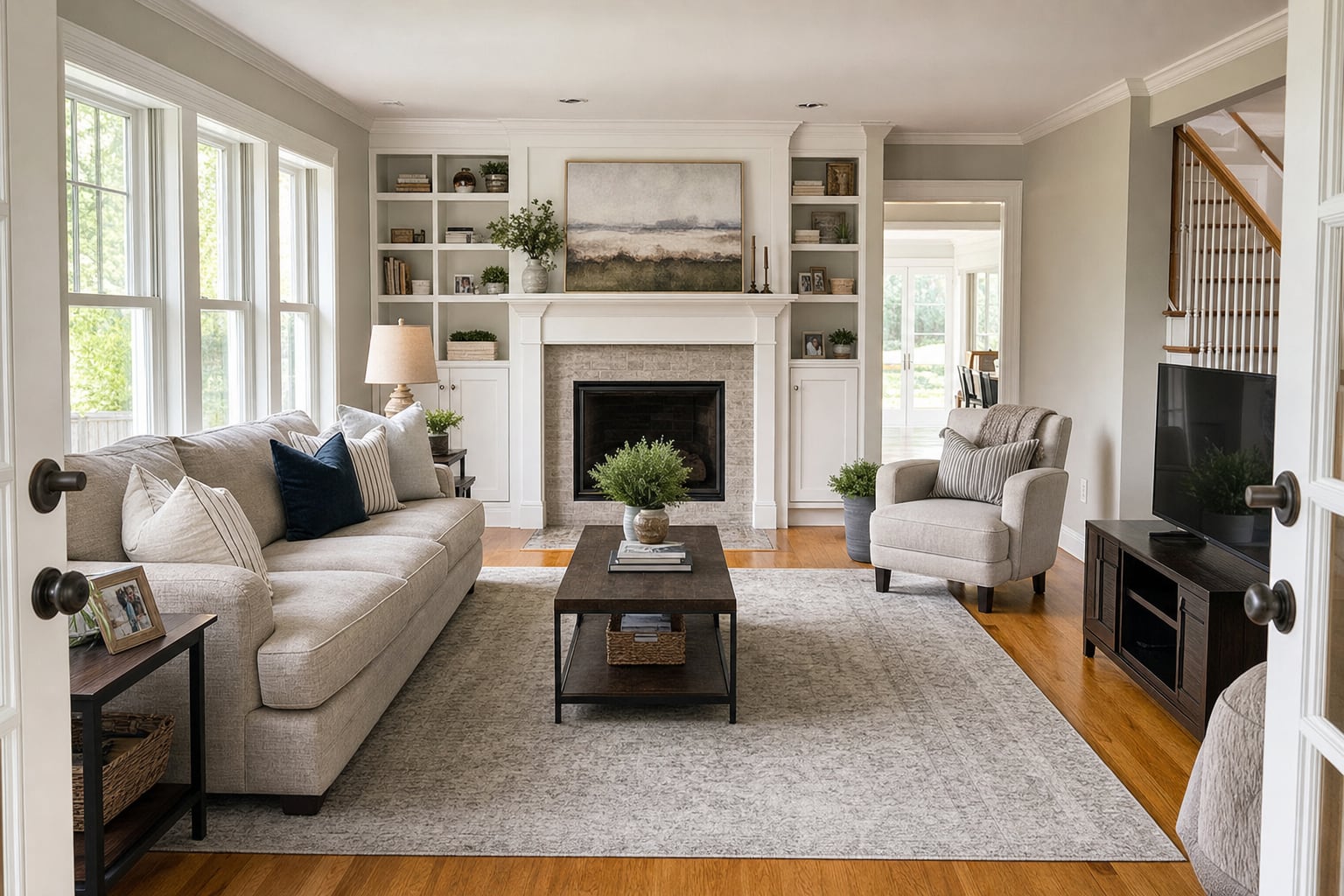 A lived-in living room prepared for listing photos and showings