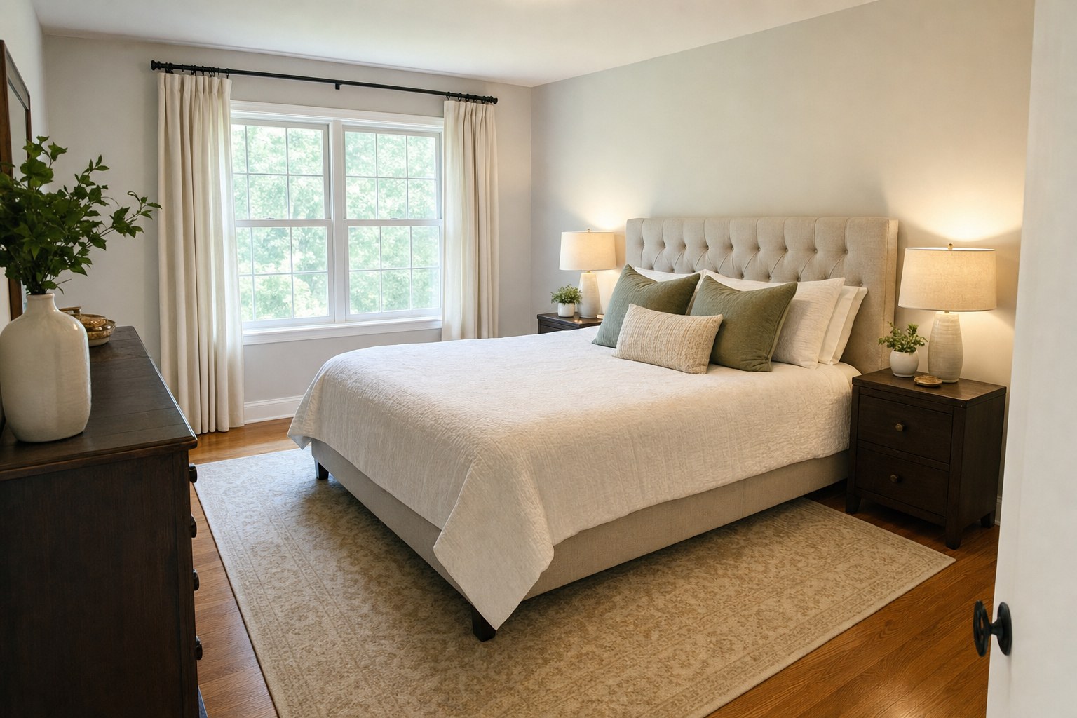 A calm primary bedroom with a made bed and open walkway