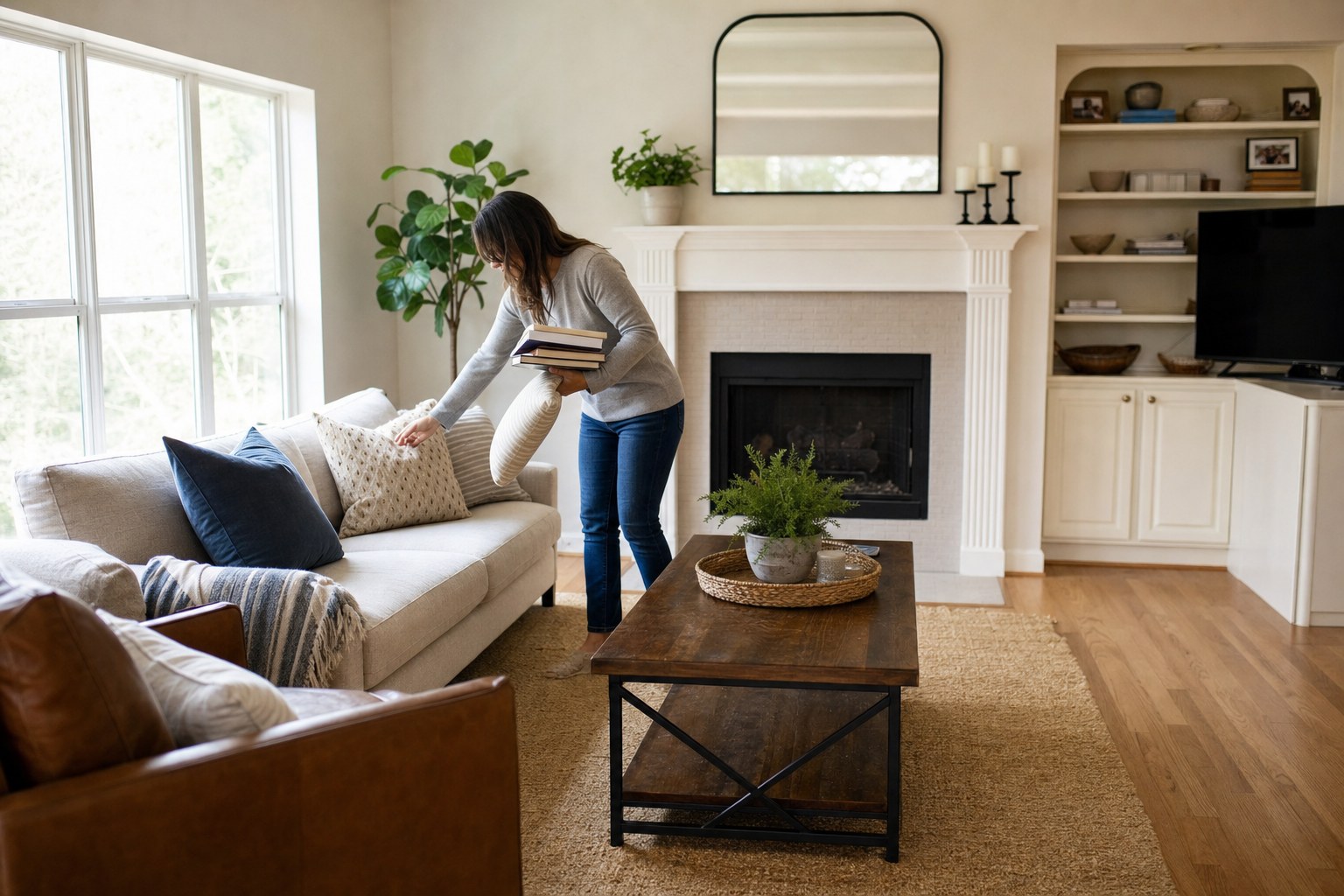 A homeowner making simple styling adjustments in a bright living room
