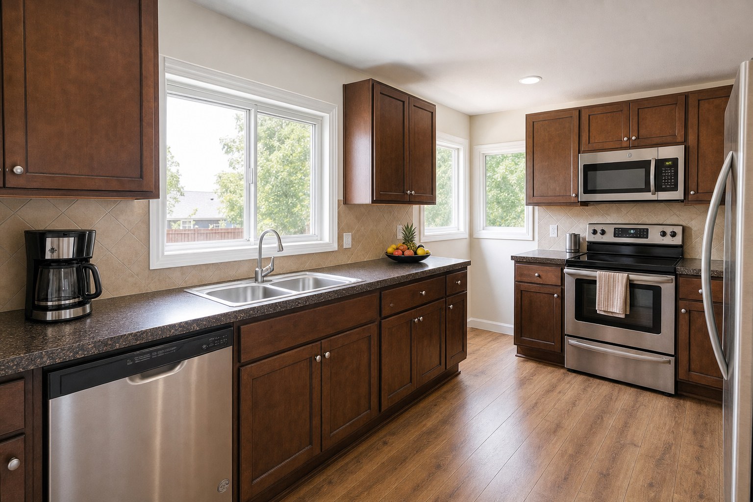 A clean occupied kitchen with open counter space and natural light