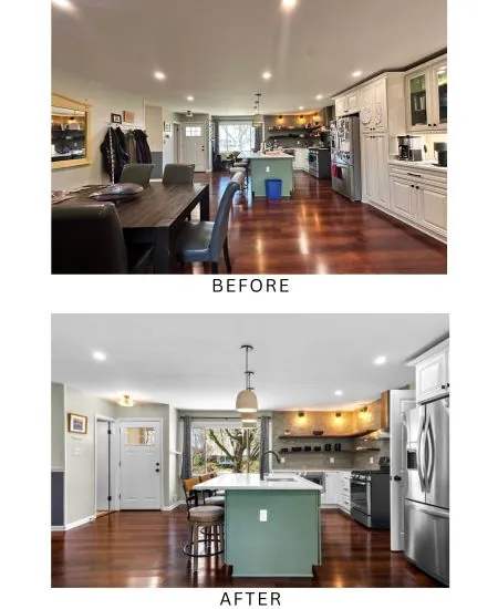 A kitchen shown before and after thoughtful staging