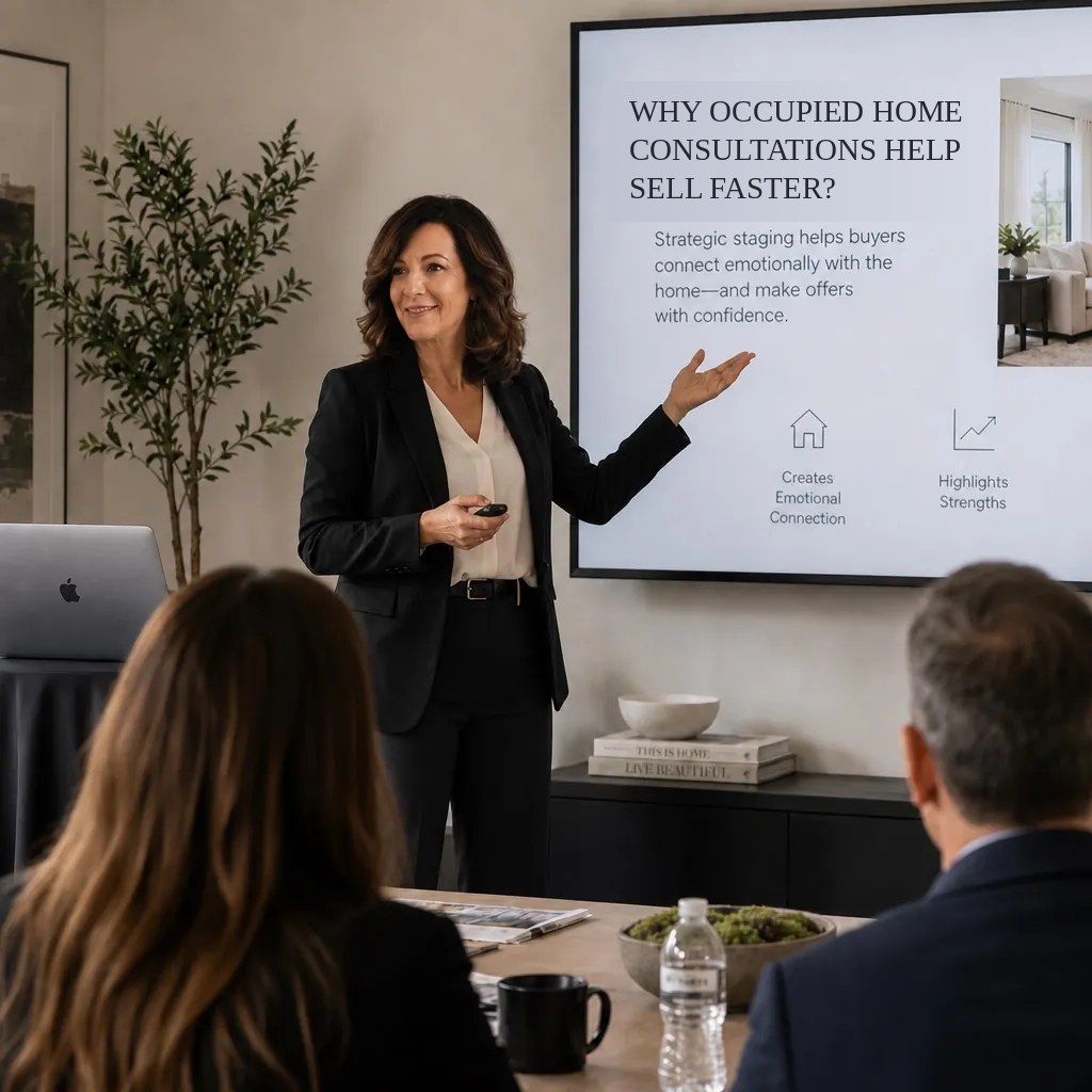 Terri presenting staging guidance at a Realtor office meeting