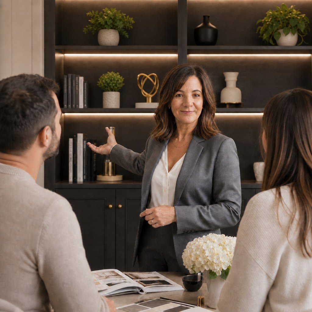 Terri consulting with clients in front of a bookshelf