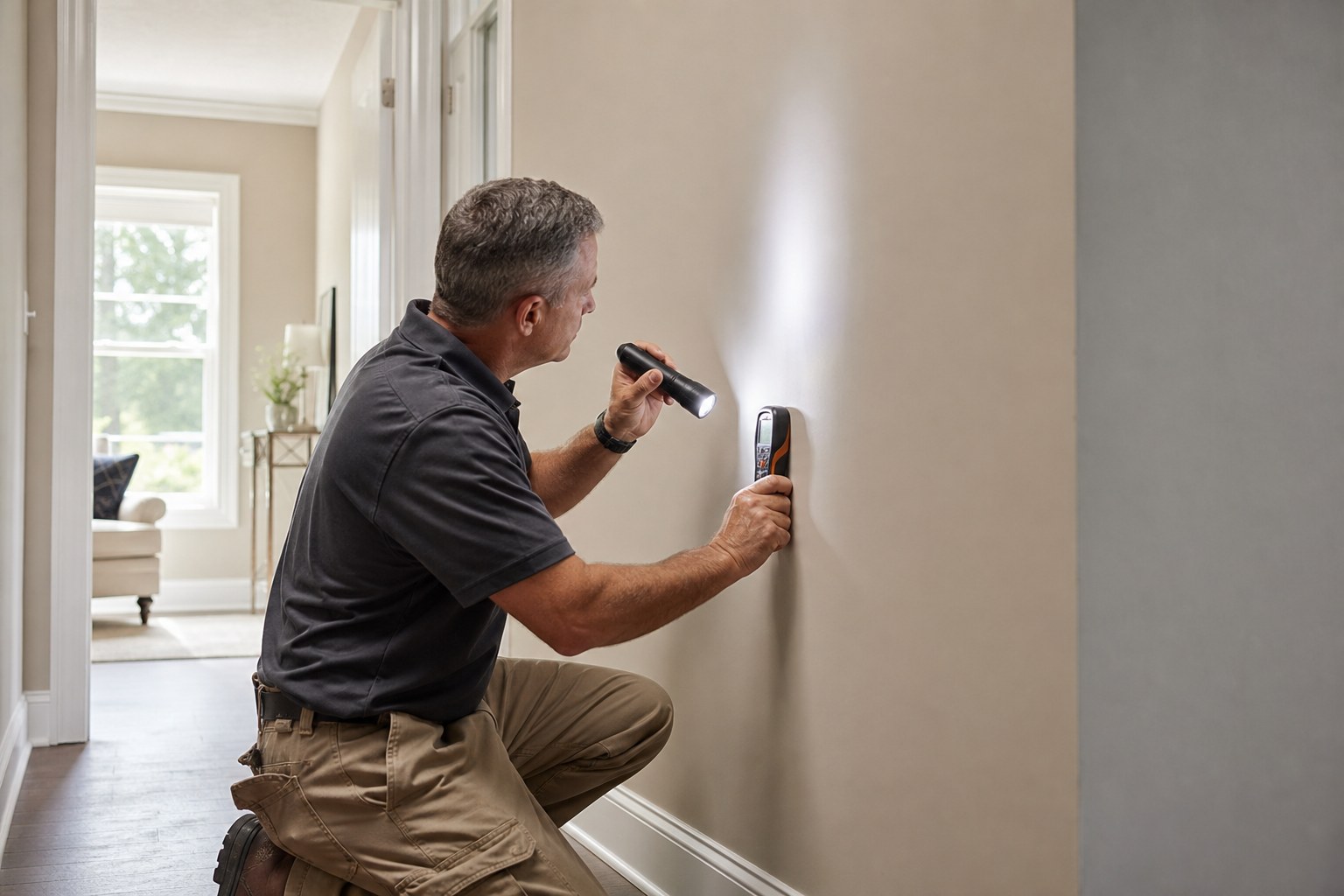 Home repair professional inspecting an interior wall with a moisture meter