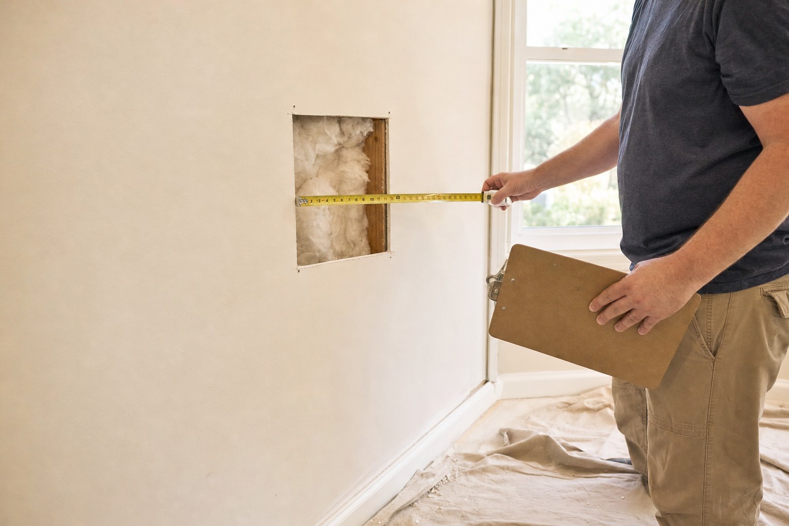 Repair professional measuring an opened drywall section during a home assessment