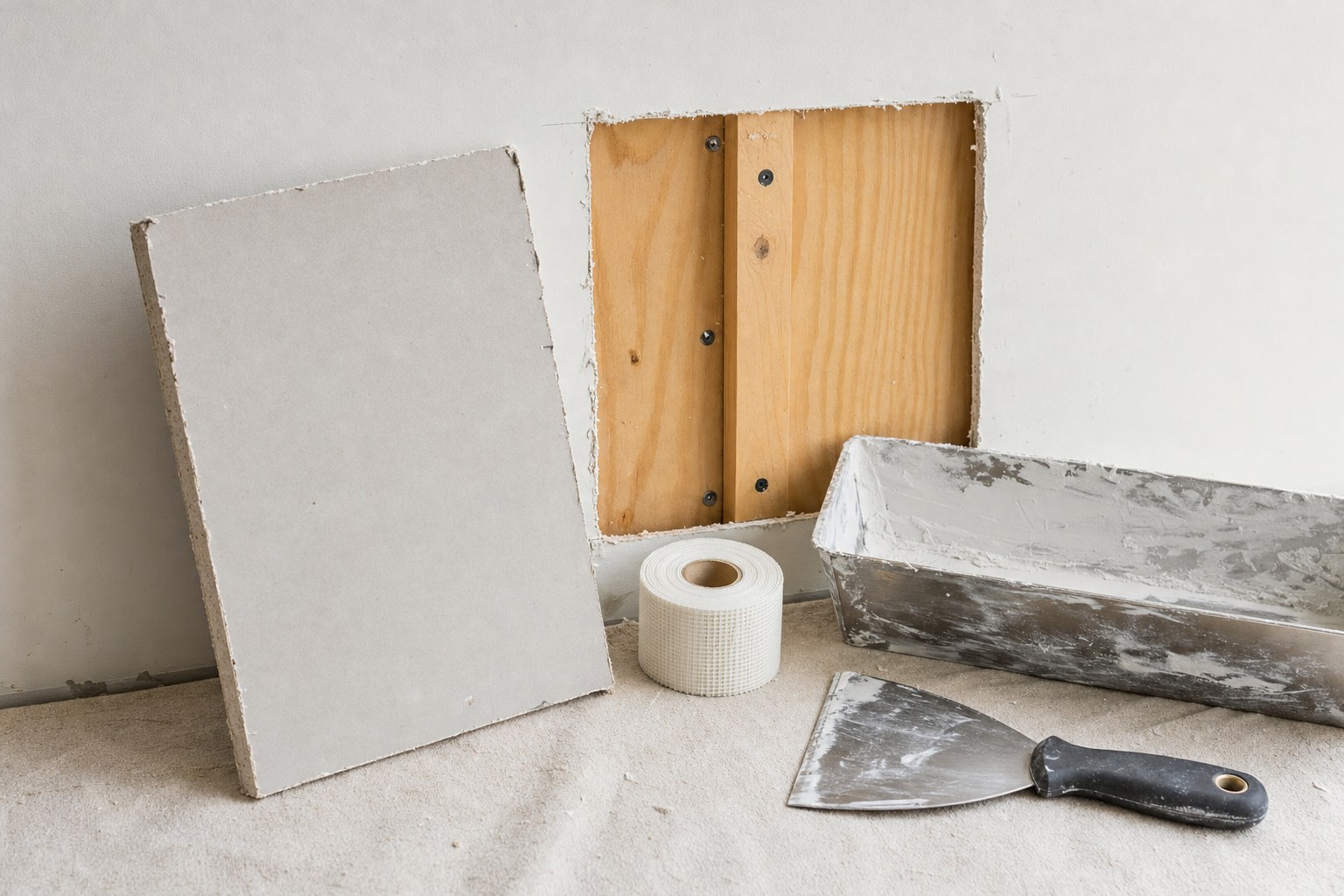 Prepared drywall opening with new backing, repair panel, tape, and joint compound
