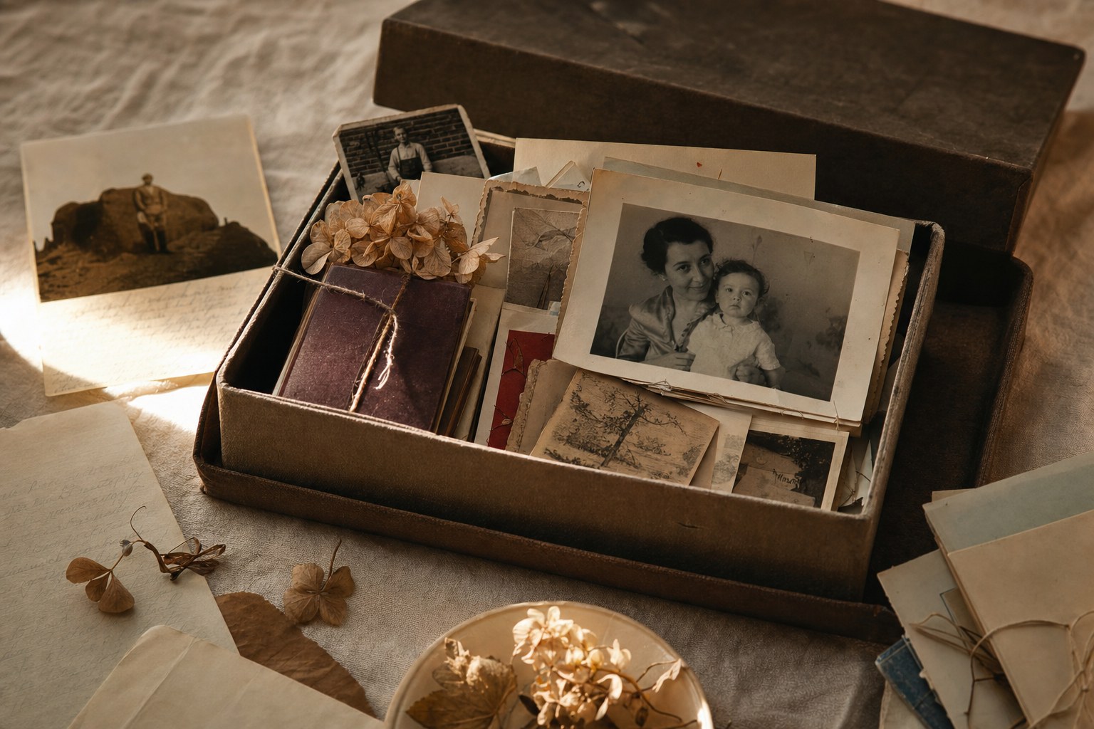 A box of family photographs and keepsakes