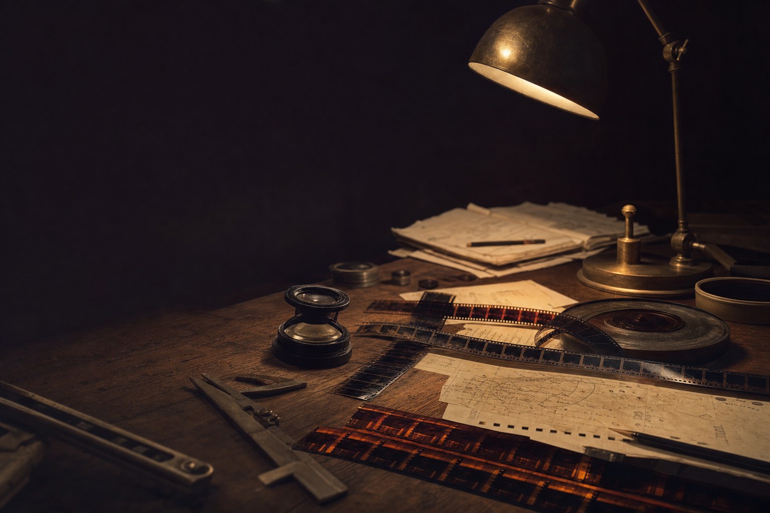 Film editing materials arranged on a warmly lit table