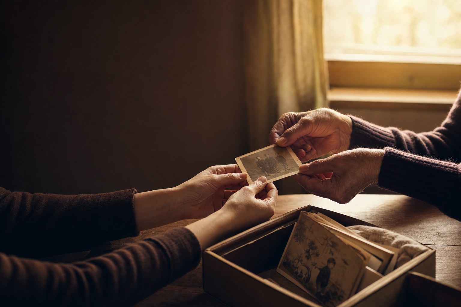 Hands passing a cherished photograph in warm window light