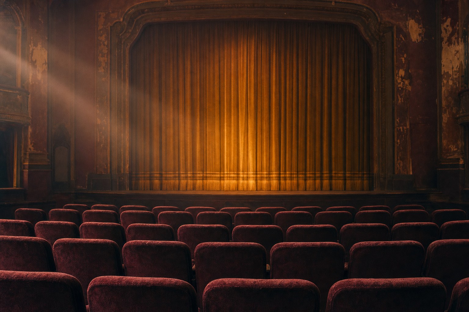 Warm light across empty velvet theatre seats