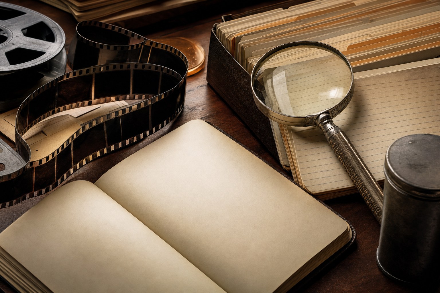 Film reel, magnifying glass, blank notebook, and archival file cards on a desk
