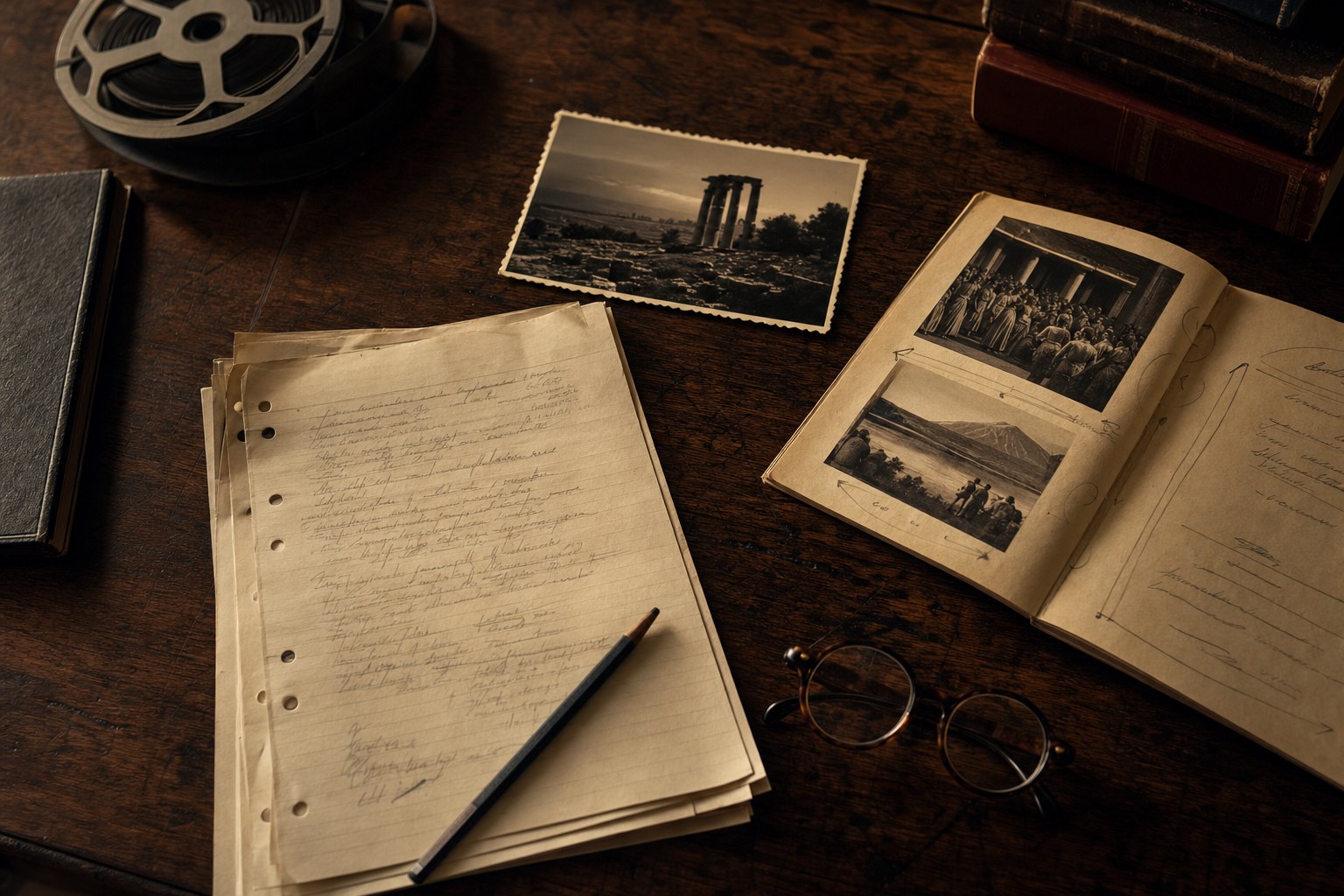 Film reels, photographs, a pencil, and research materials arranged on a wooden table