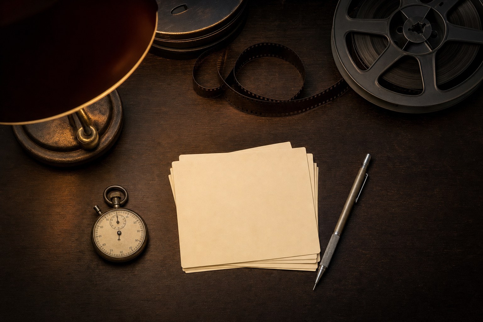 Blank note cards, stopwatch, film reel, and mechanical pencil arranged on a dark wooden desk