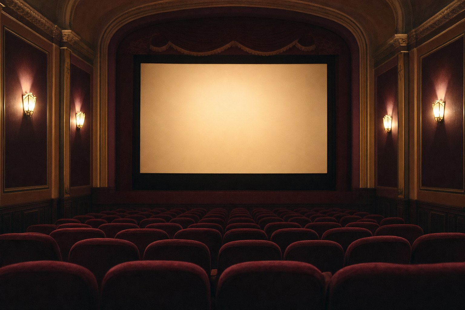 Empty seats facing a softly illuminated screen in a historic movie theater