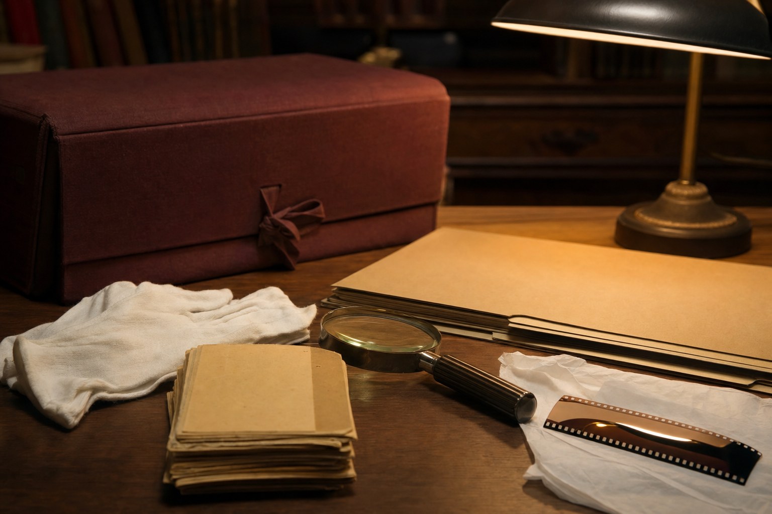 Archival research tools, document folders, and a film strip arranged on a library table