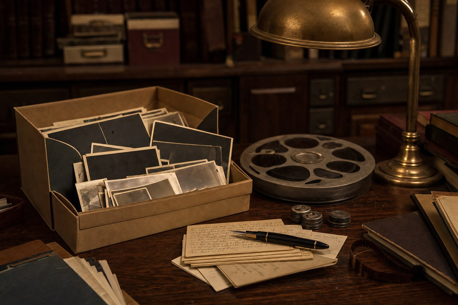 Archival photographs, film reel, research notes, and a brass lamp on a wooden desk