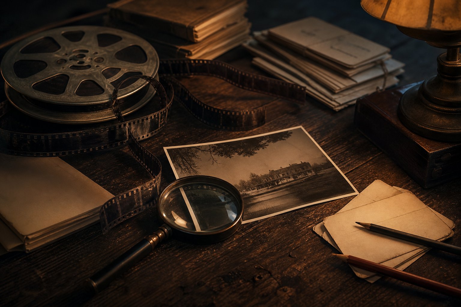 Film reel, magnifying glass, research materials, and a vintage photograph on a wooden desk