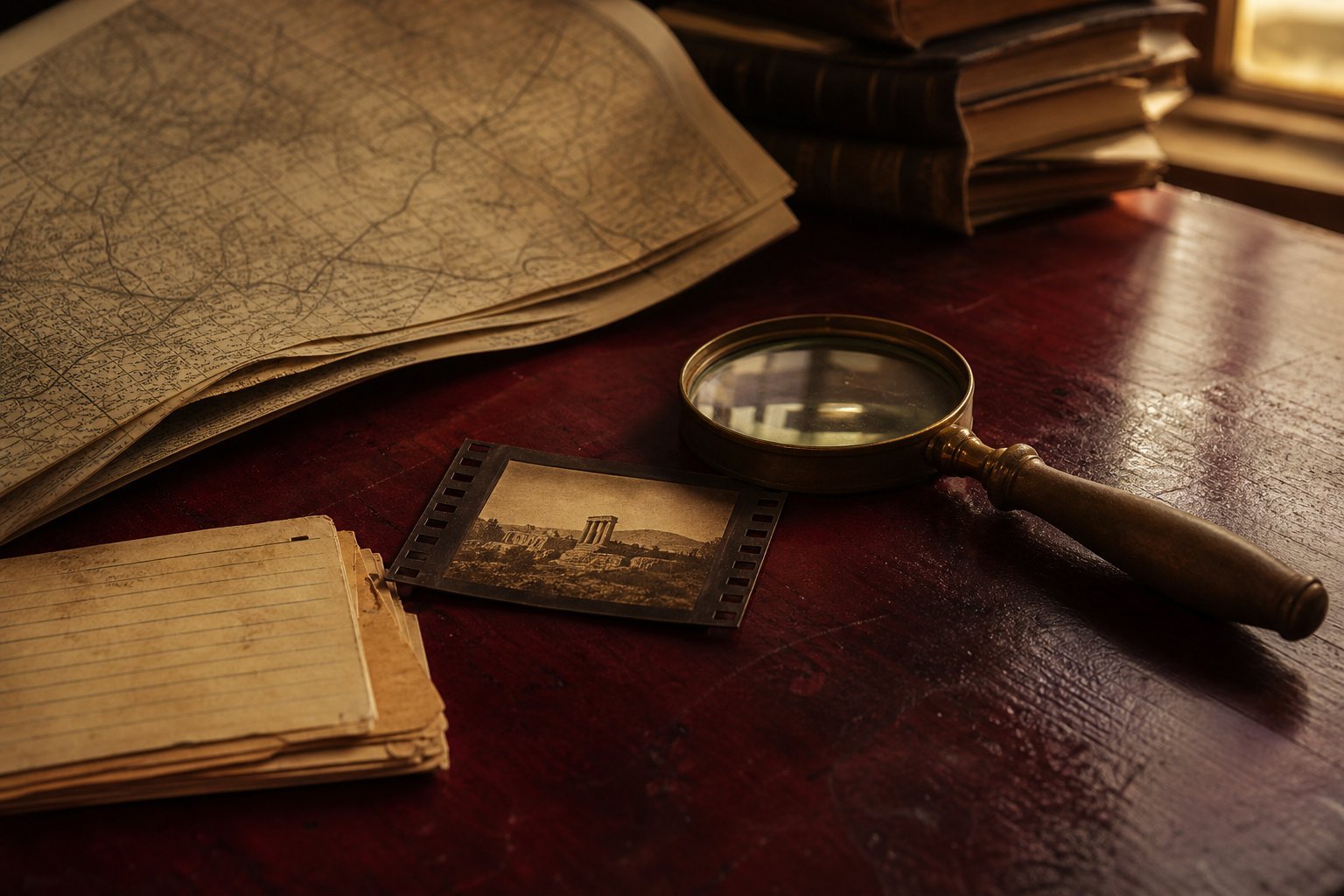 Magnifying glass, vintage film frame, map, and research cards on a wine-colored wooden table