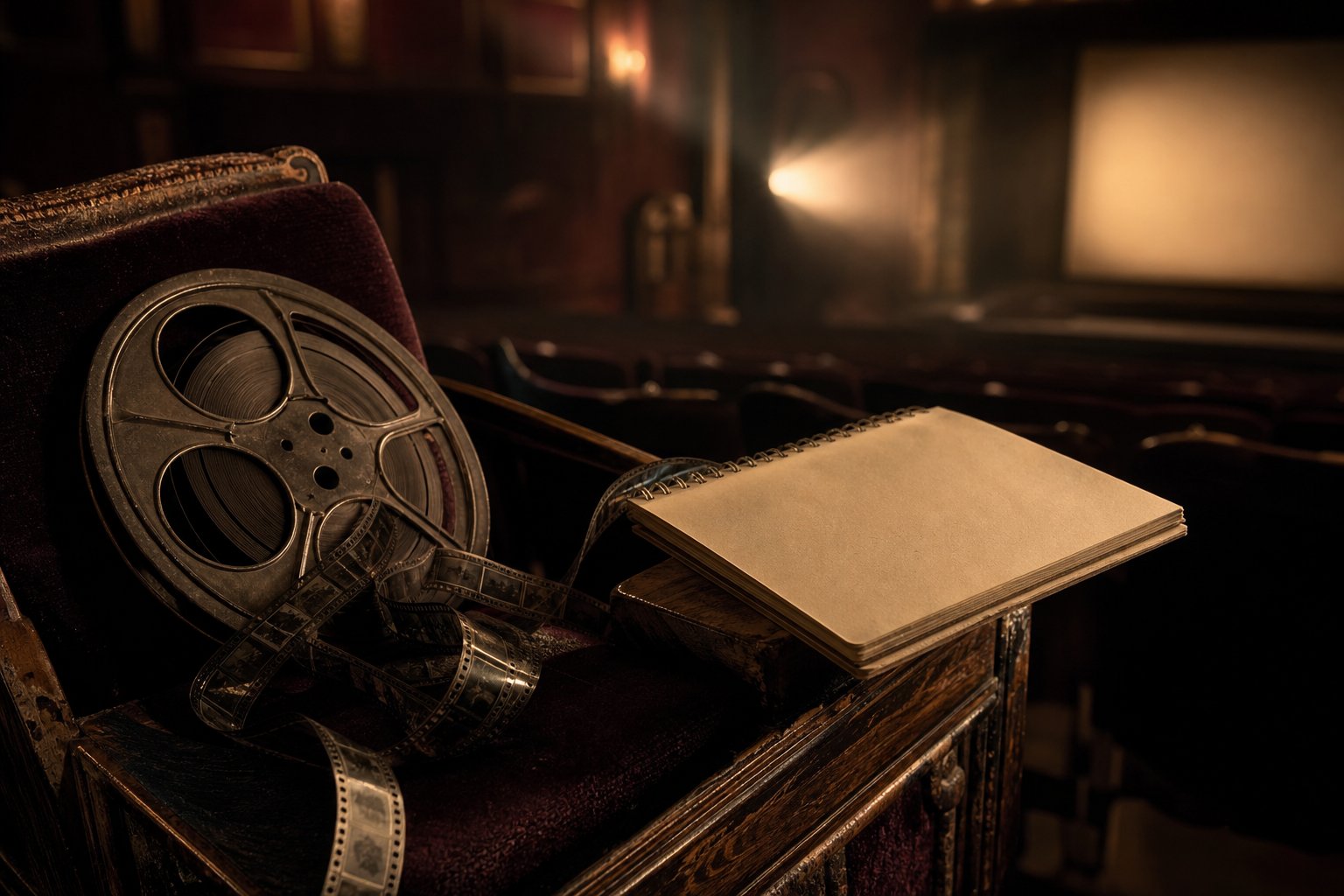 Film reel and blank notebook resting on a burgundy theater seat before an empty cinema screen
