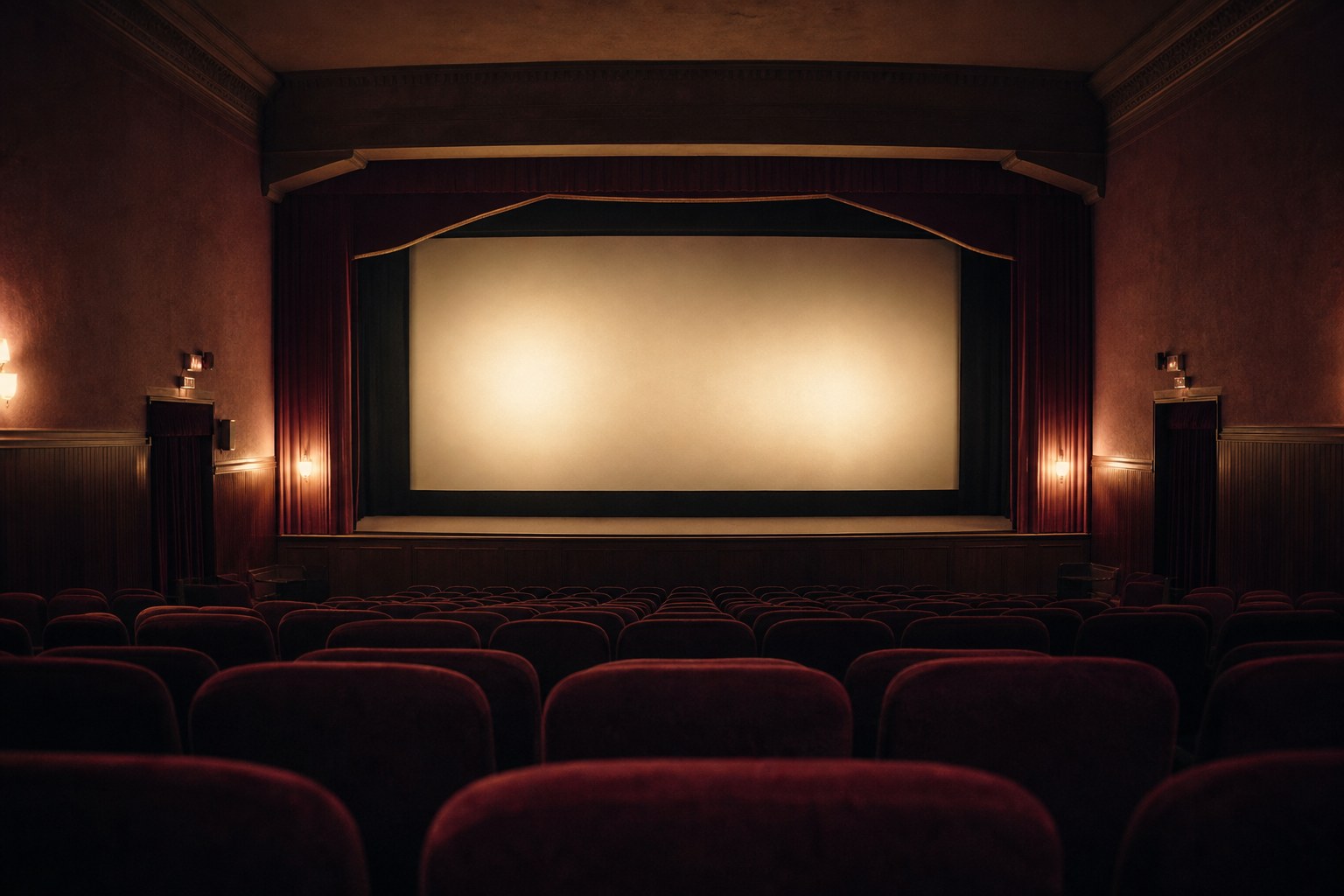 Empty theater with a softly illuminated cinema screen